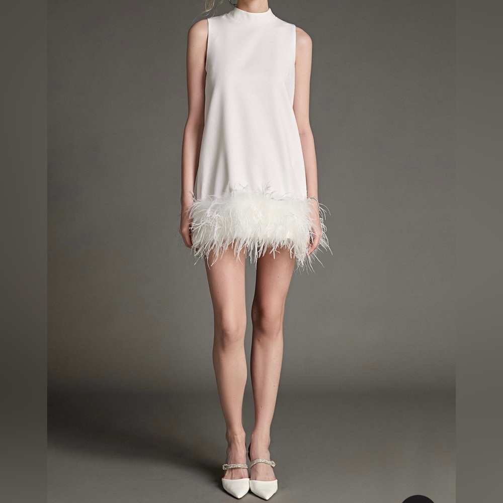 J.ING White Sleeveless Mock Neck Feather-Trimmed Mini Dress - NWT still in bag!